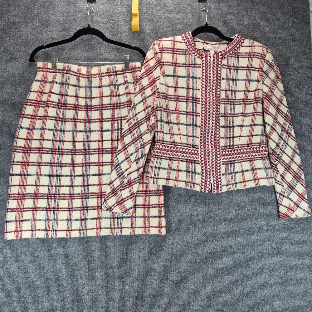 St John Santana Knit Plaid Skirt Suit Vintage Size 10 Cream Red Blue